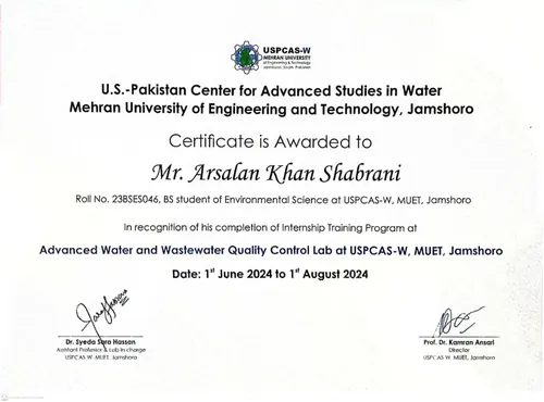 Internship Certificate, Advanced Water & Wastewater Quality Control Lab